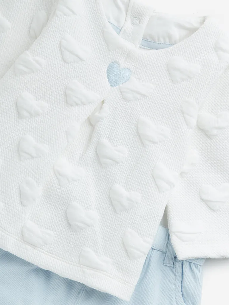 HOP Baby Blue & White Heart Embossed Top & Ribbed Pants Set