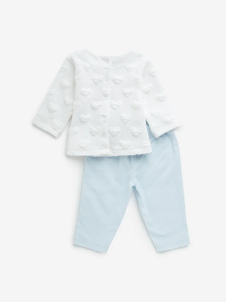 HOP Baby Blue & White Heart Embossed Top & Ribbed Pants Set