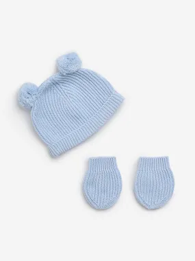 HOP Baby Blue Cotton Cap with Mittens Set