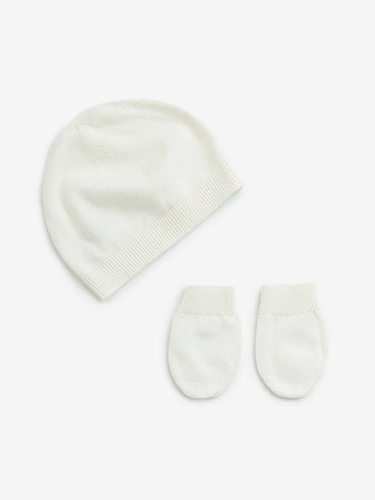 HOP Baby Off-White Cotton Cap with Mittens Set