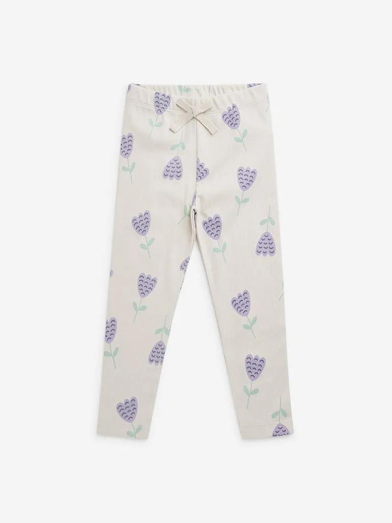 HOP Kids Beige Tulip Printed High-Rise Cotton Blend Pants