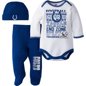 Indianapolis Colts Baby 3 Piece Bodysuit, Pant and Cap Set