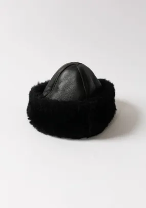 Leather and Shearling Cap in Black