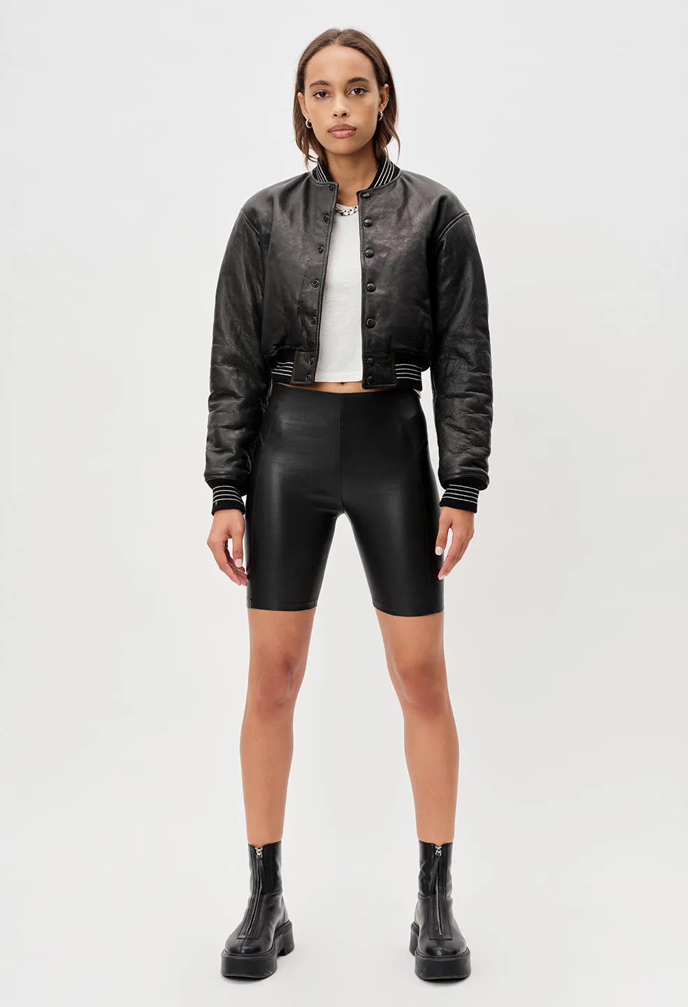 Leather Cropped Stadium Jacket / Black