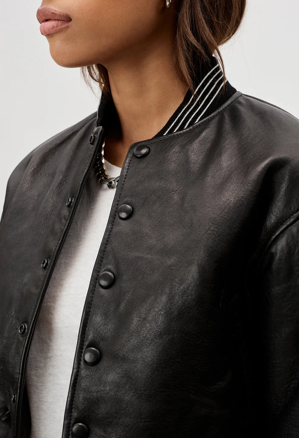 Leather Cropped Stadium Jacket / Black