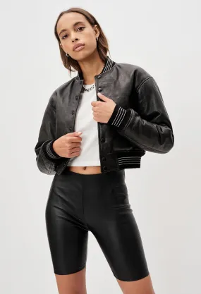 Leather Cropped Stadium Jacket / Black