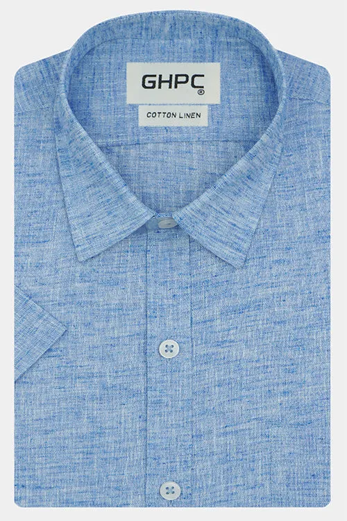 Men's Cotton Linen Plain Solid Half Sleeves Shirt (Blue)