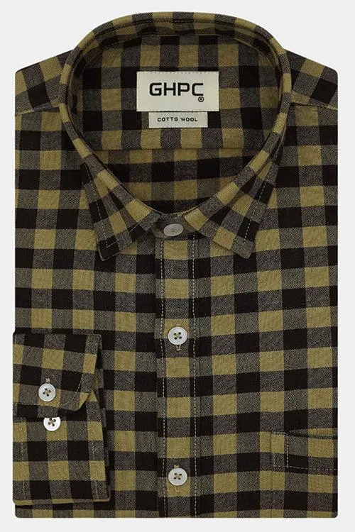 Men's Winter Wear Cottswool Gingham Checkered Full Sleeves Shirt (Brown)