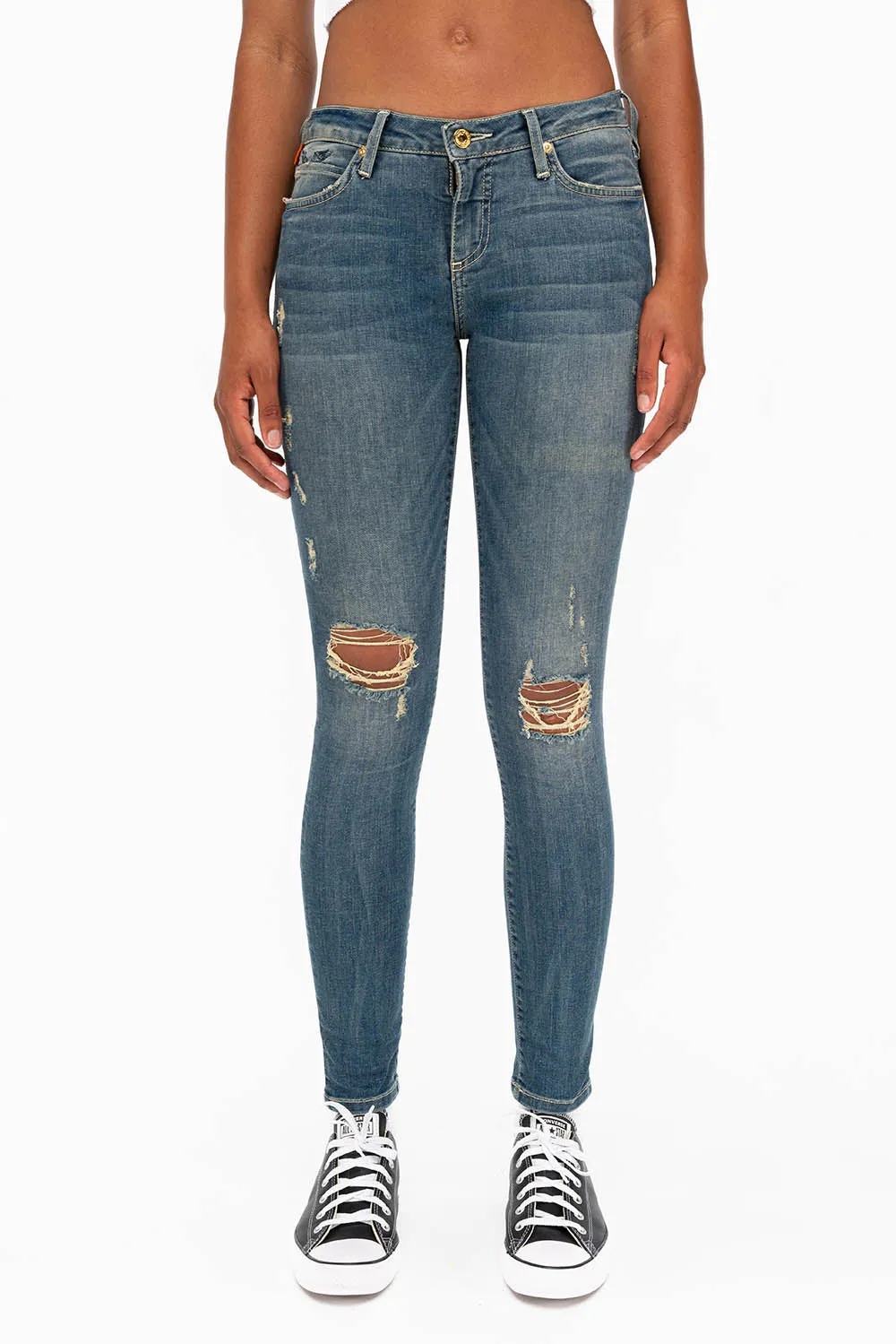 MIDRISE WOMENS SKINNY JEANS IN RIPPED BLUE WASH