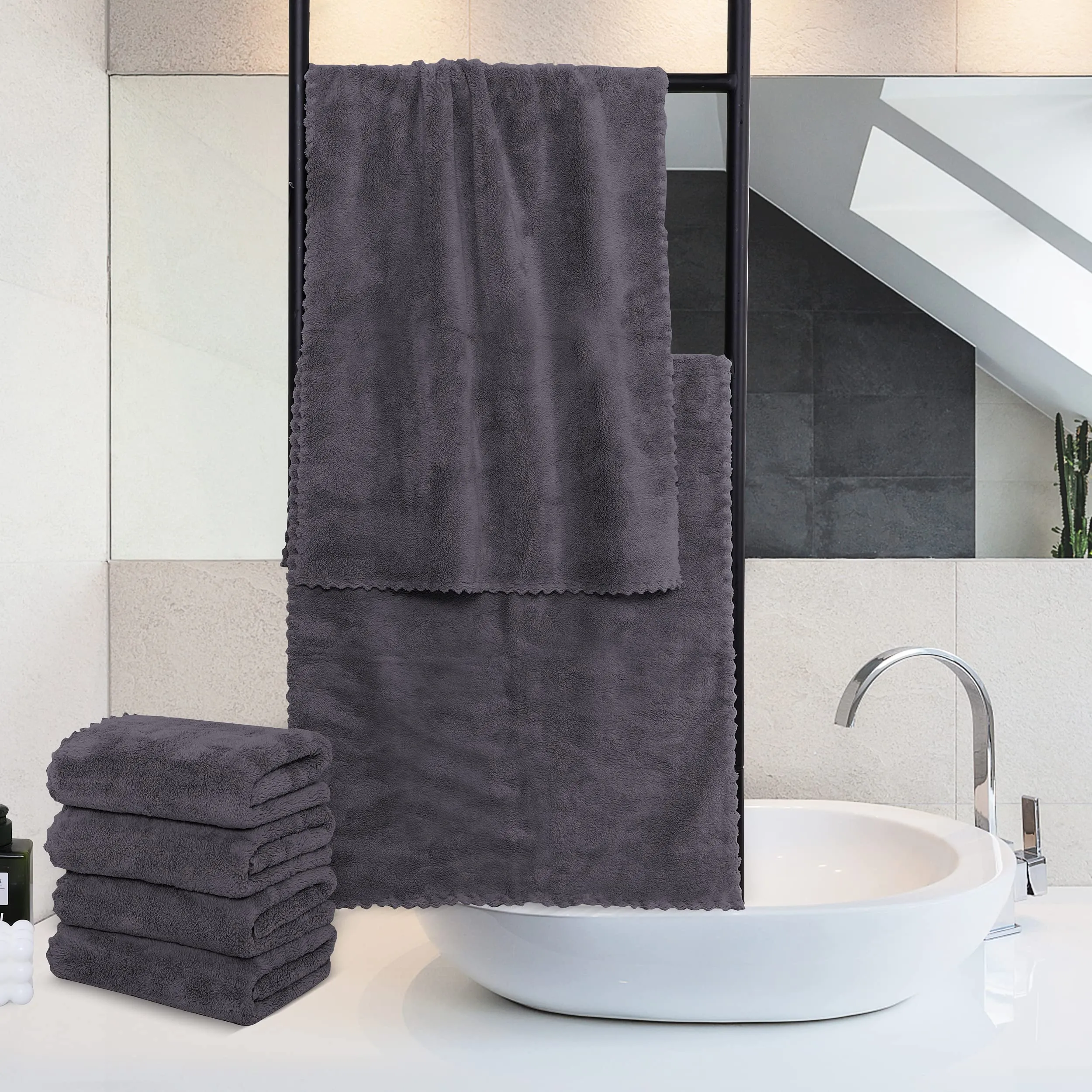 MOONQUEEN 6 Pack Premium Hand Towels - Quick Drying - Microfiber Coral Velvet Highly Absorbent Towels - Multipurpose Use as Hotel, Bathroom, Shower, Spa, Hand Towel 16 x 28 inches (Gray)