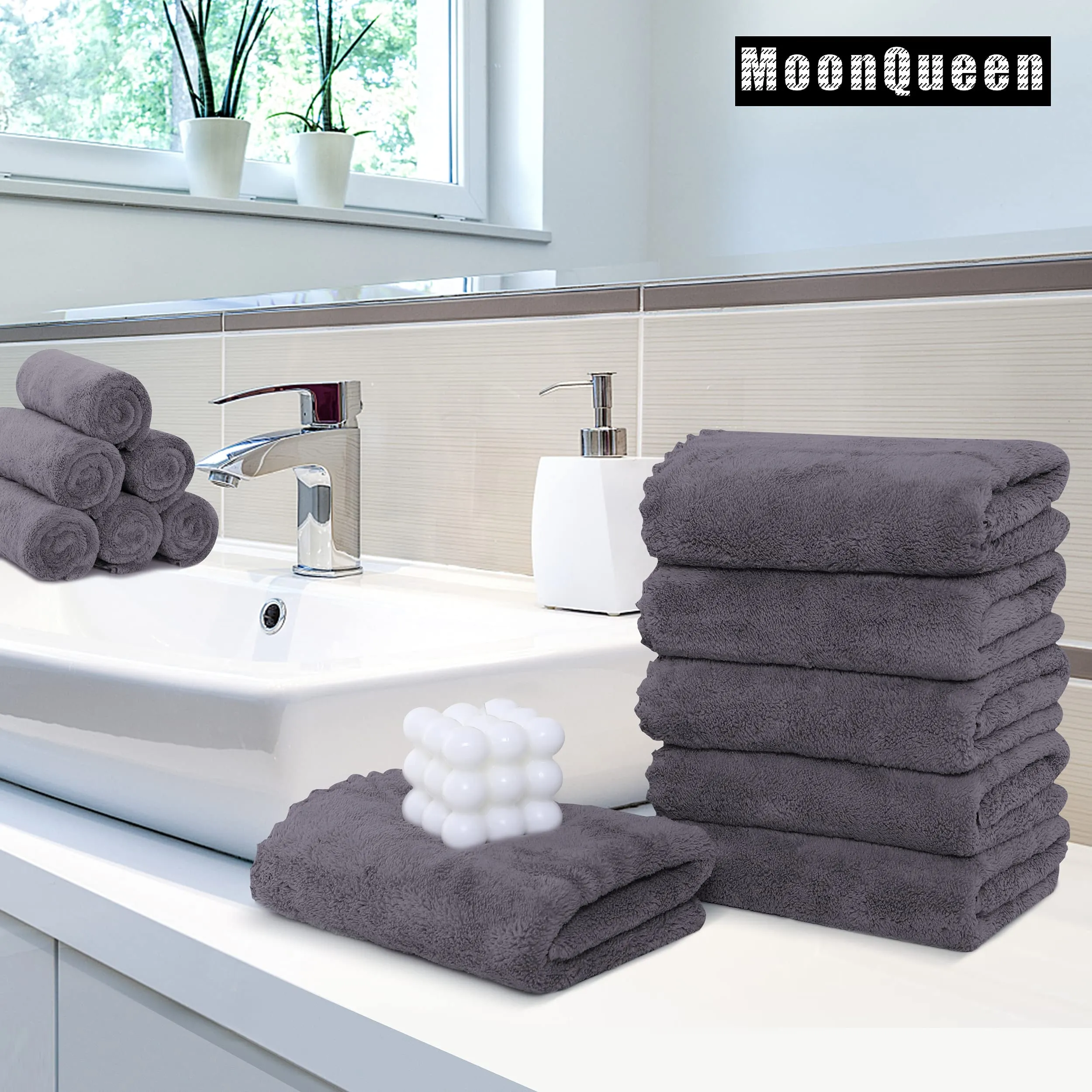 MOONQUEEN 6 Pack Premium Hand Towels - Quick Drying - Microfiber Coral Velvet Highly Absorbent Towels - Multipurpose Use as Hotel, Bathroom, Shower, Spa, Hand Towel 16 x 28 inches (Gray)