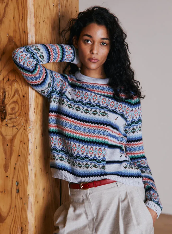 N13454 Distressed fair isle crew sweater