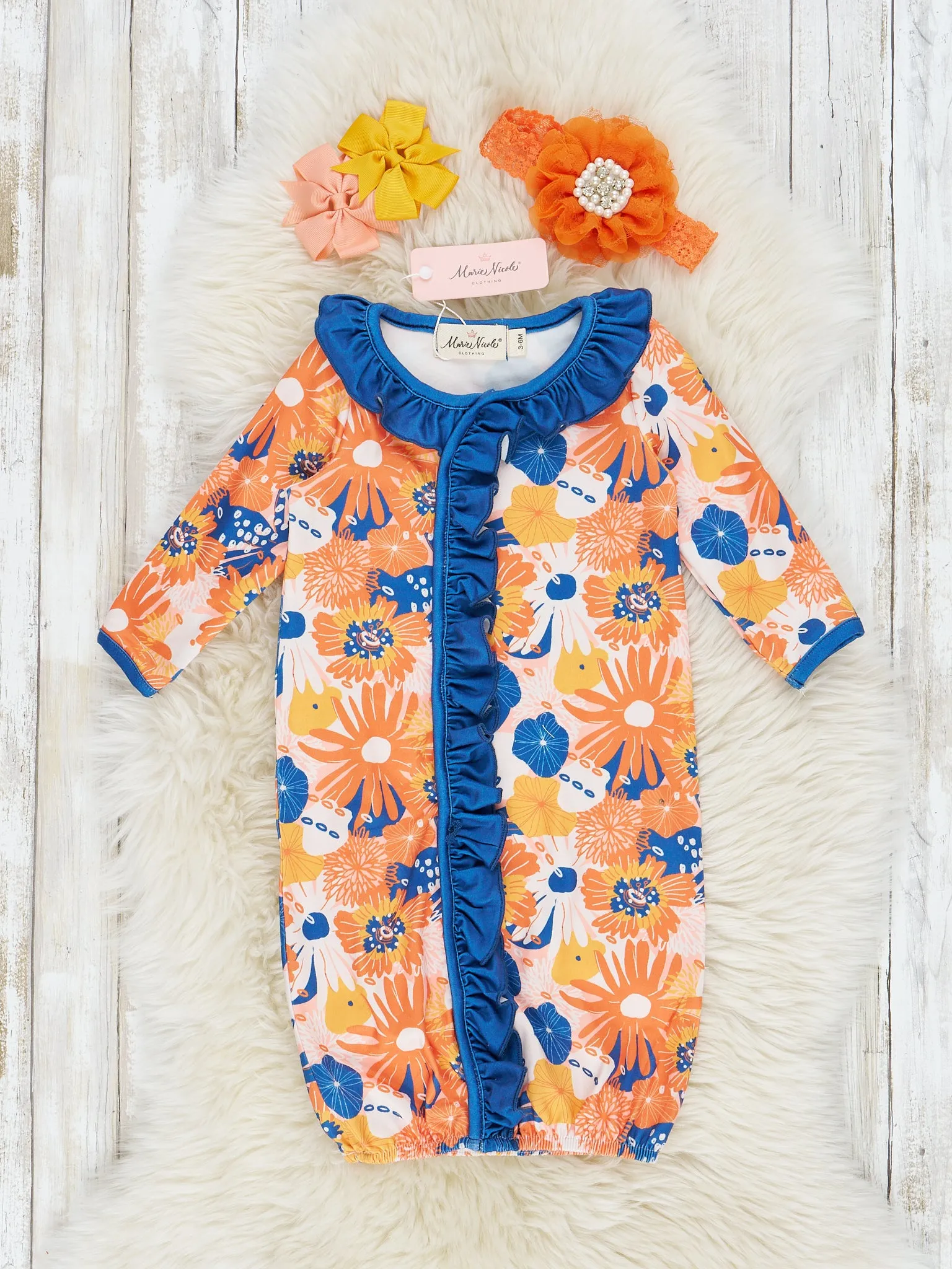 Navy & Orange Wildflowers  Ruffle Sleep Gown