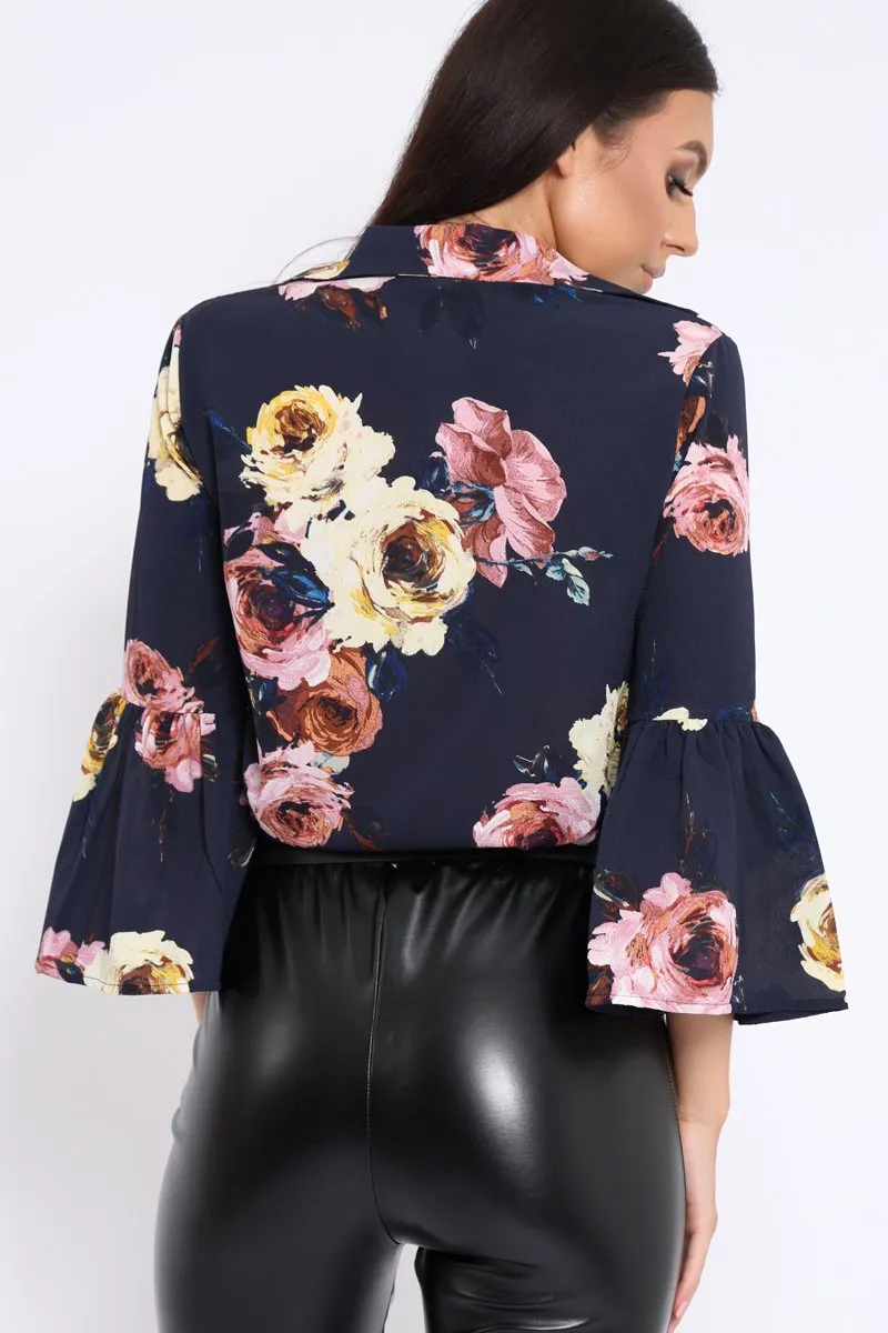 Navy Floral Shirt with Bell Sleeves - Harper