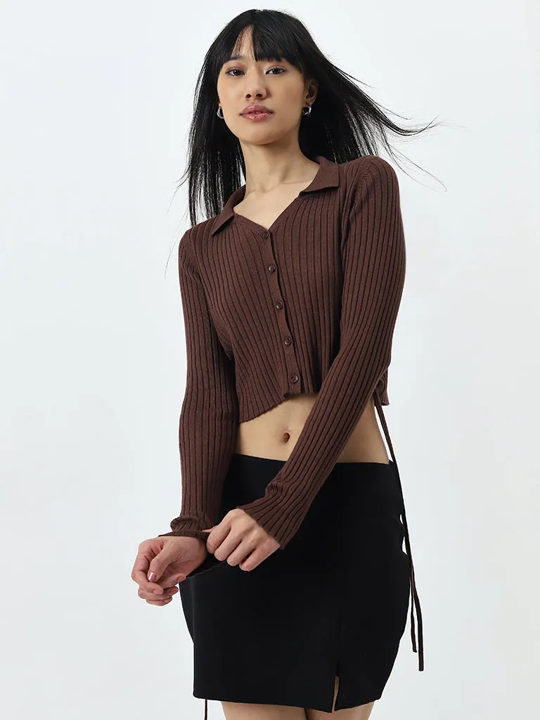 Nuon Dark Brown Ribbed Textured Cotton Blend Top