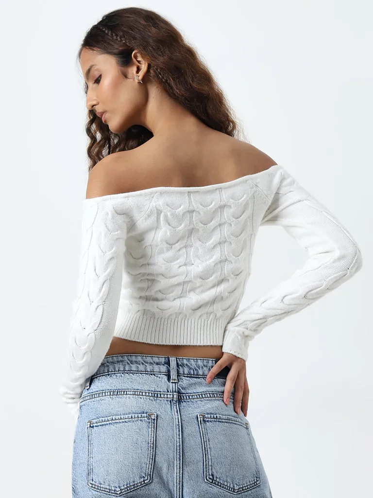 Nuon Off-White Patterned Off-Shoulder Sweater