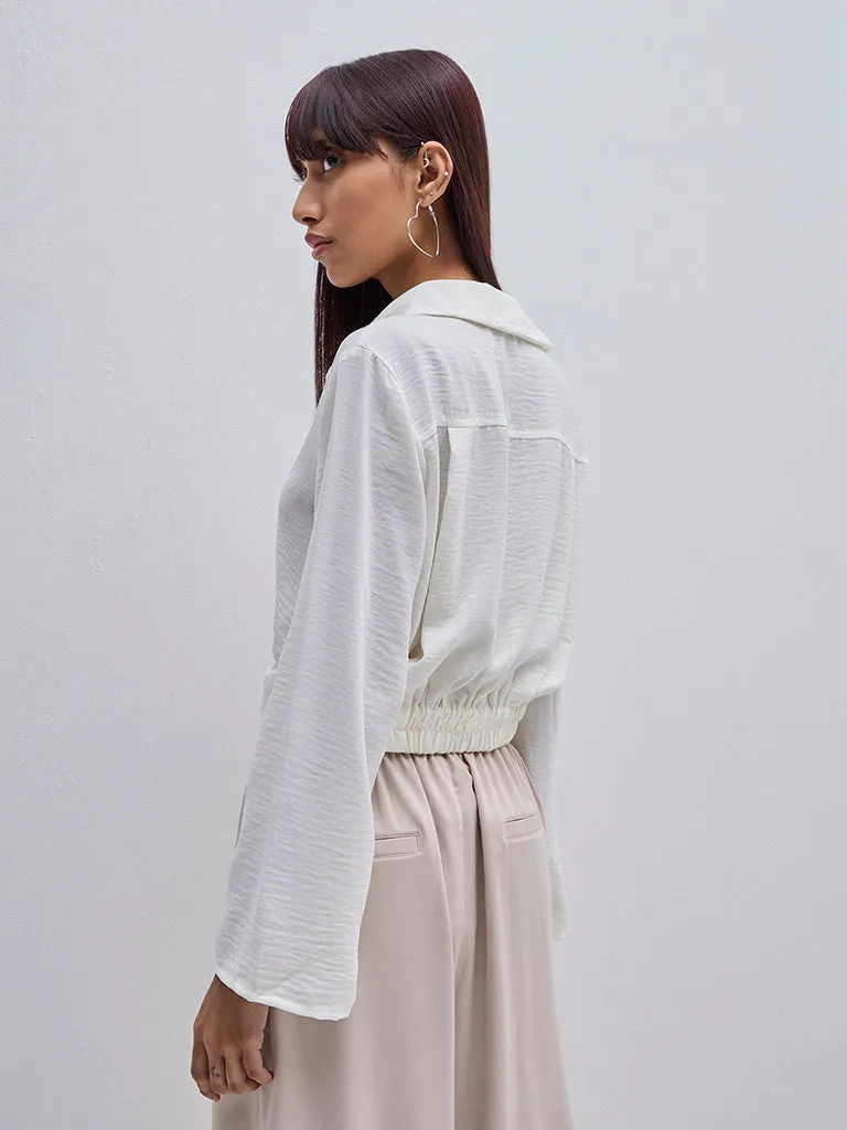 Nuon Off-White Textured Crop Cotton Blend Shirt