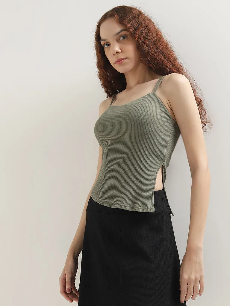 Nuon Olive Ribbed Textured Cotton Blend Top