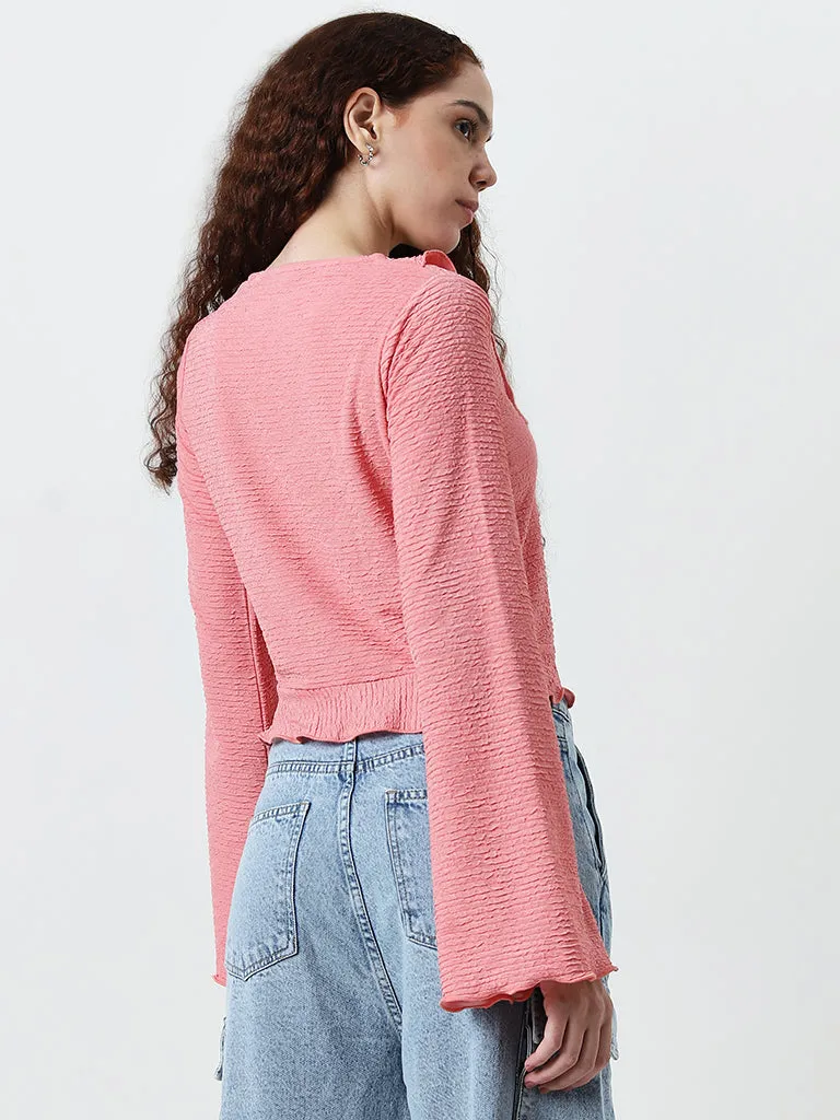 Nuon Pink Ruffled Detailed Textured Top