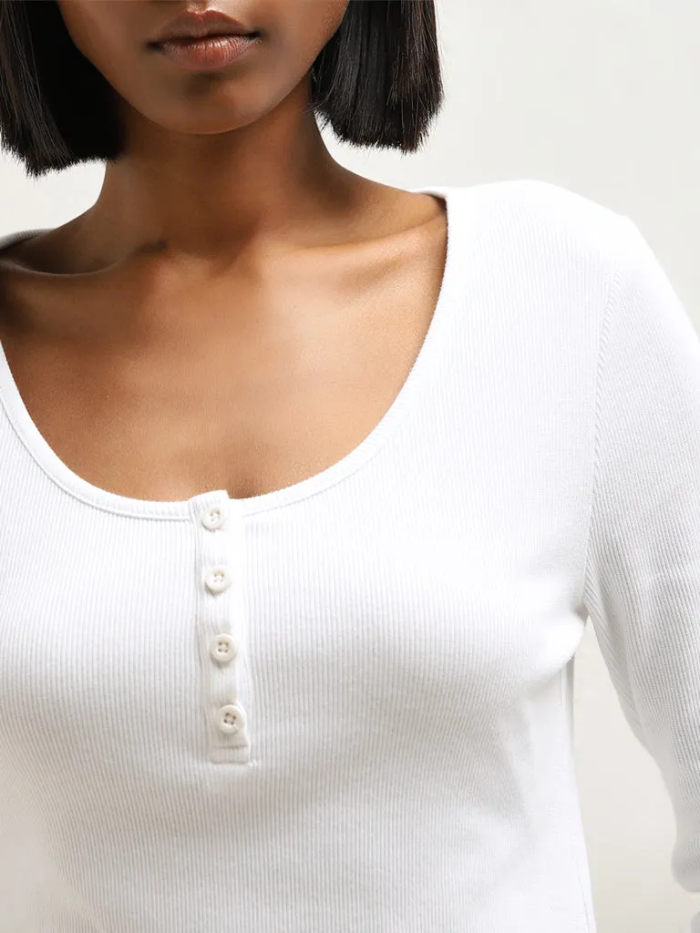 Nuon White Ribbed-Textured Cotton Blend Top