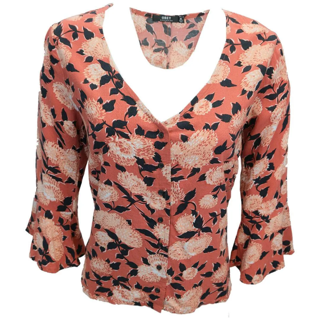 OBEY Women's Dahlias Deep V-Neck L/S Shirt (S04)