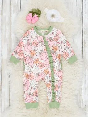 Pink & Green Doodle Pumpkin Garden Ruffle Sleeper Pajamas