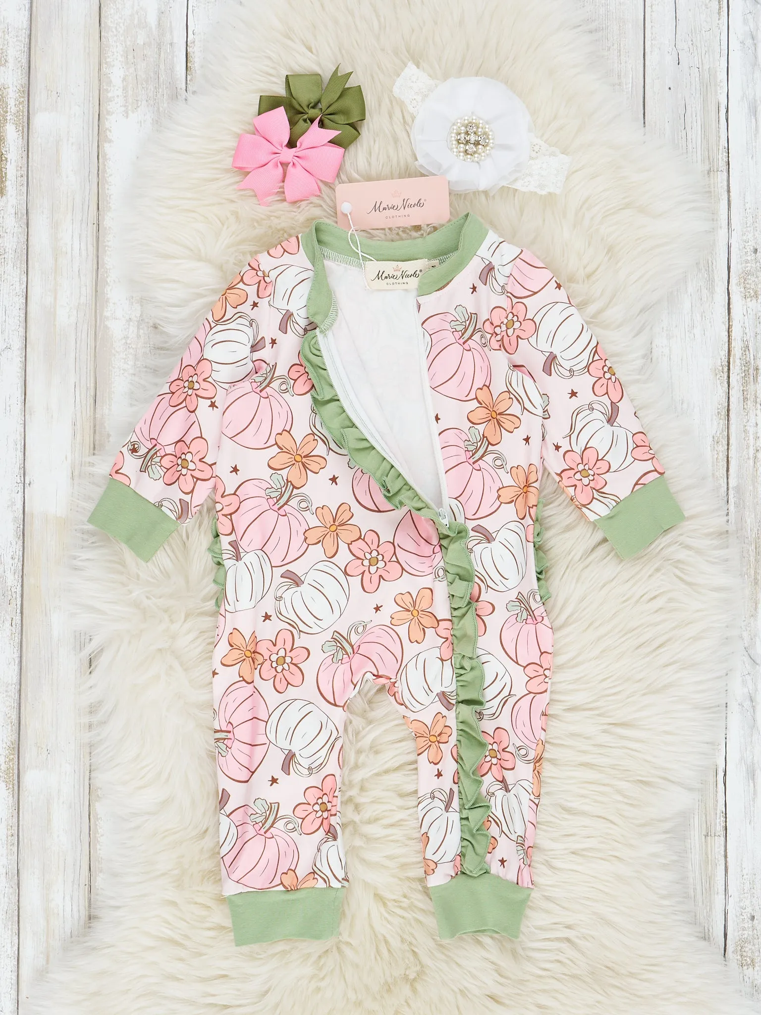 Pink & Green Doodle Pumpkin Garden Ruffle Sleeper Pajamas