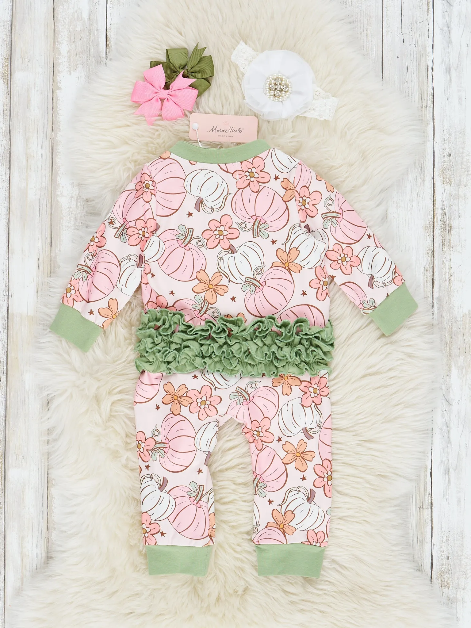 Pink & Green Doodle Pumpkin Garden Ruffle Sleeper Pajamas