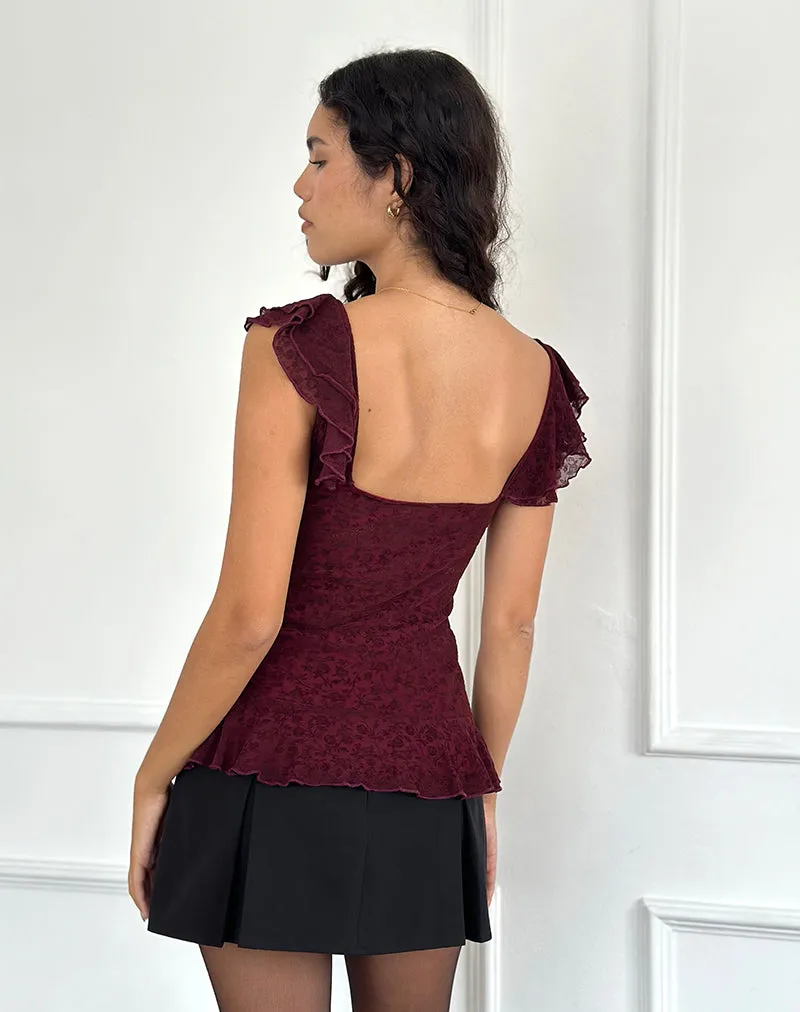 Piroli Top in Ditsy Floral Flock Burnt Maroon