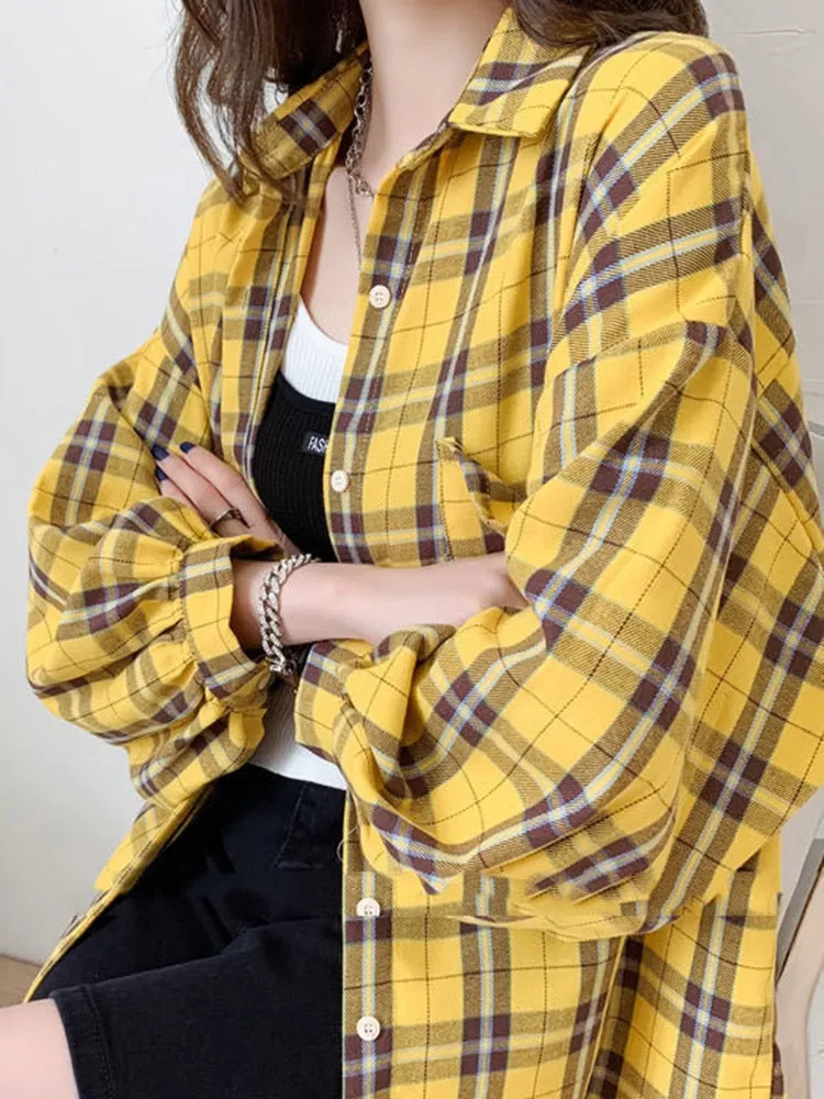 Plaid Buttoned Shirt With Lantern Sleeves