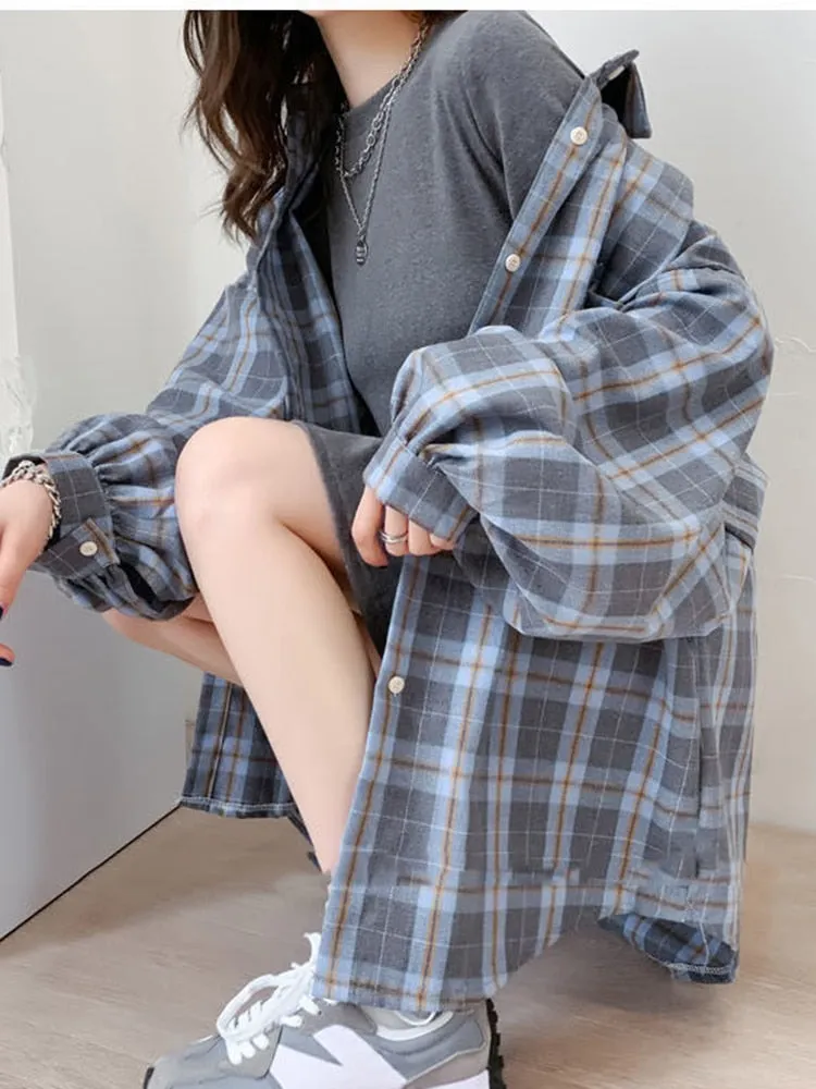 Plaid Buttoned Shirt With Lantern Sleeves