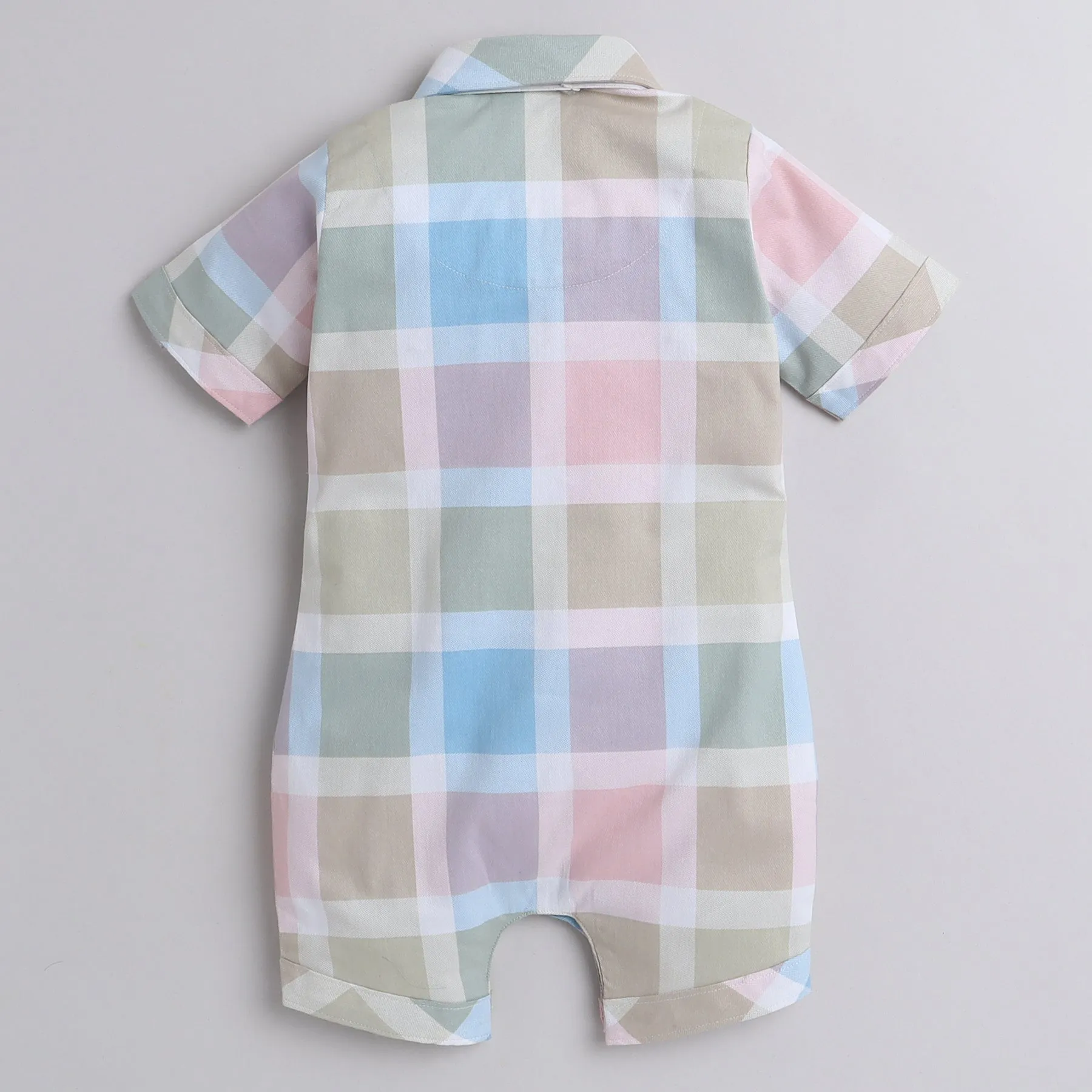 Polka Tots Cotton Half Sleeve Checks Party Wear Shirt Romper With Dual Bow - Pista Green & Pink