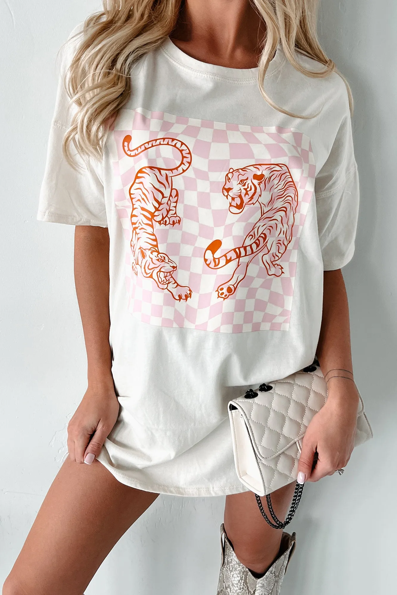 "Trippy Tiger" Oversized Graphic T-Shirt Dress (Vanilla) - Print On Demand