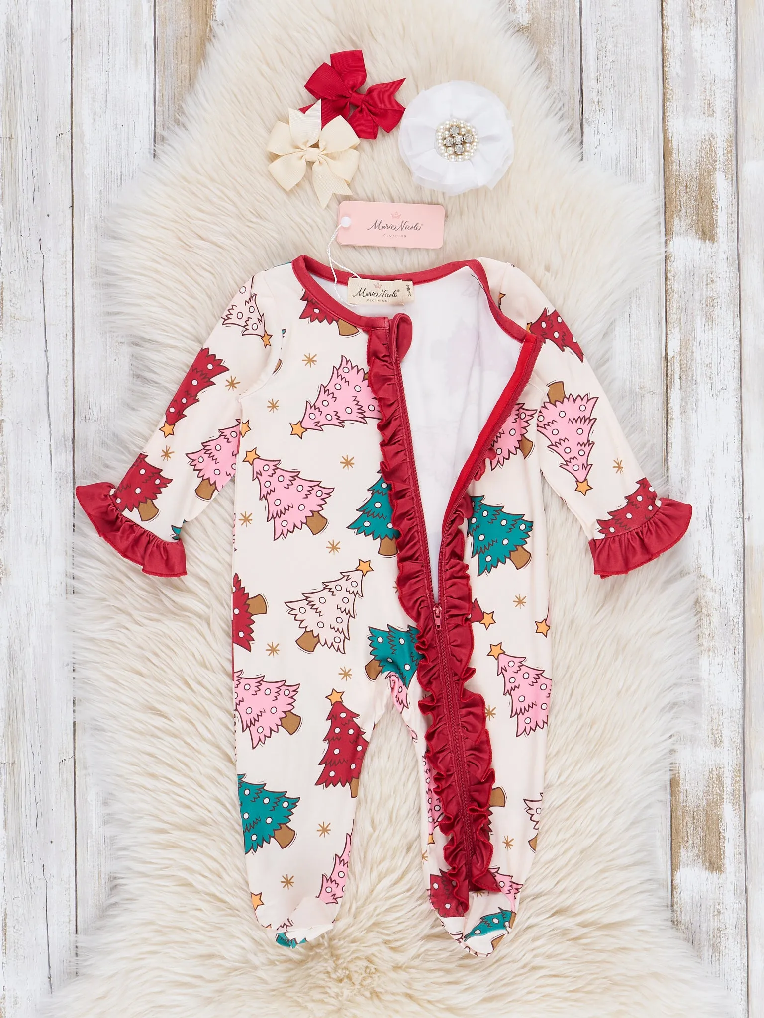 Red & Green Whimsy Trees Footed Sleeper Pajamas