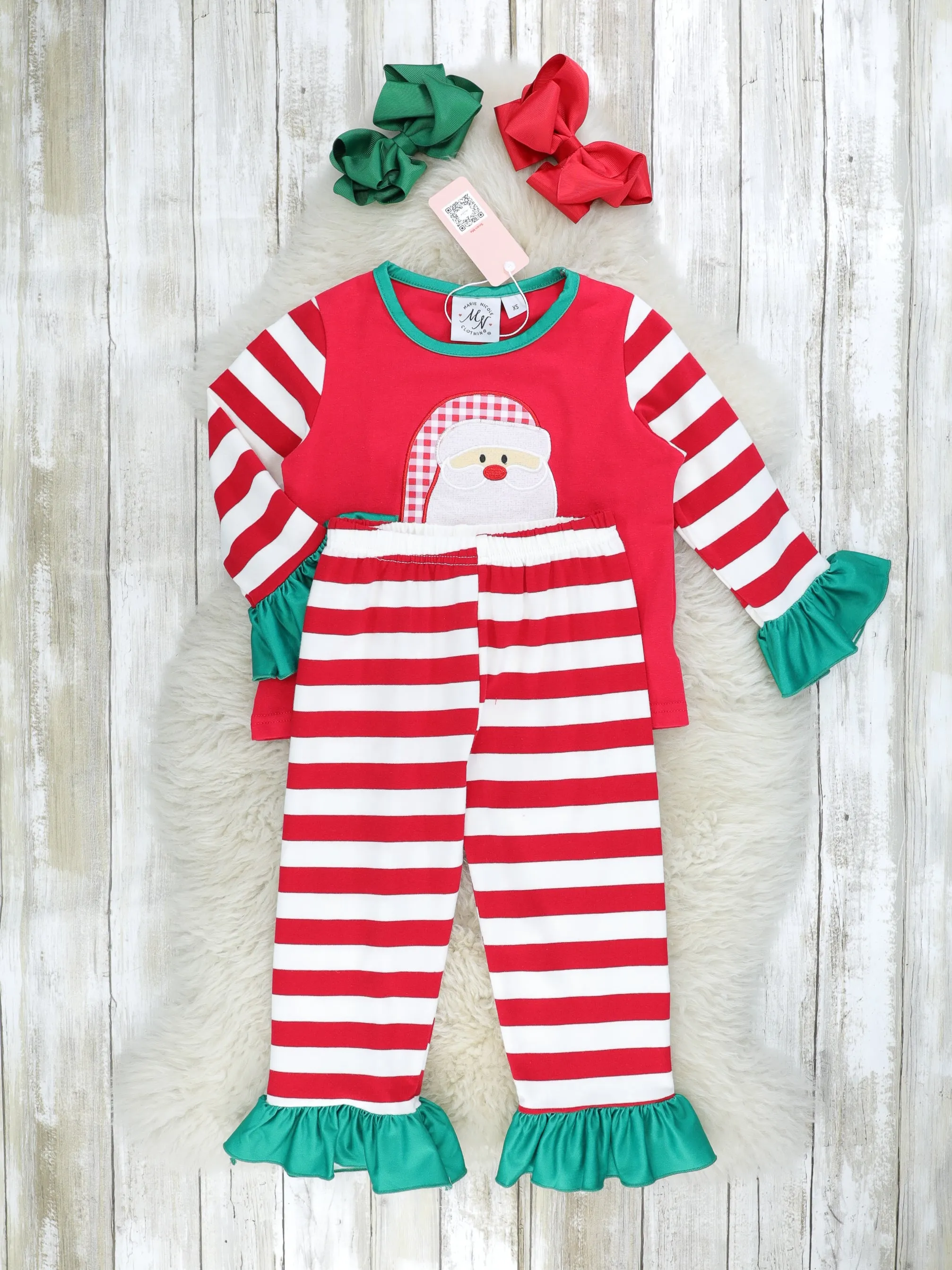 Red Striped Santa Raglan Ruffle Pajamas