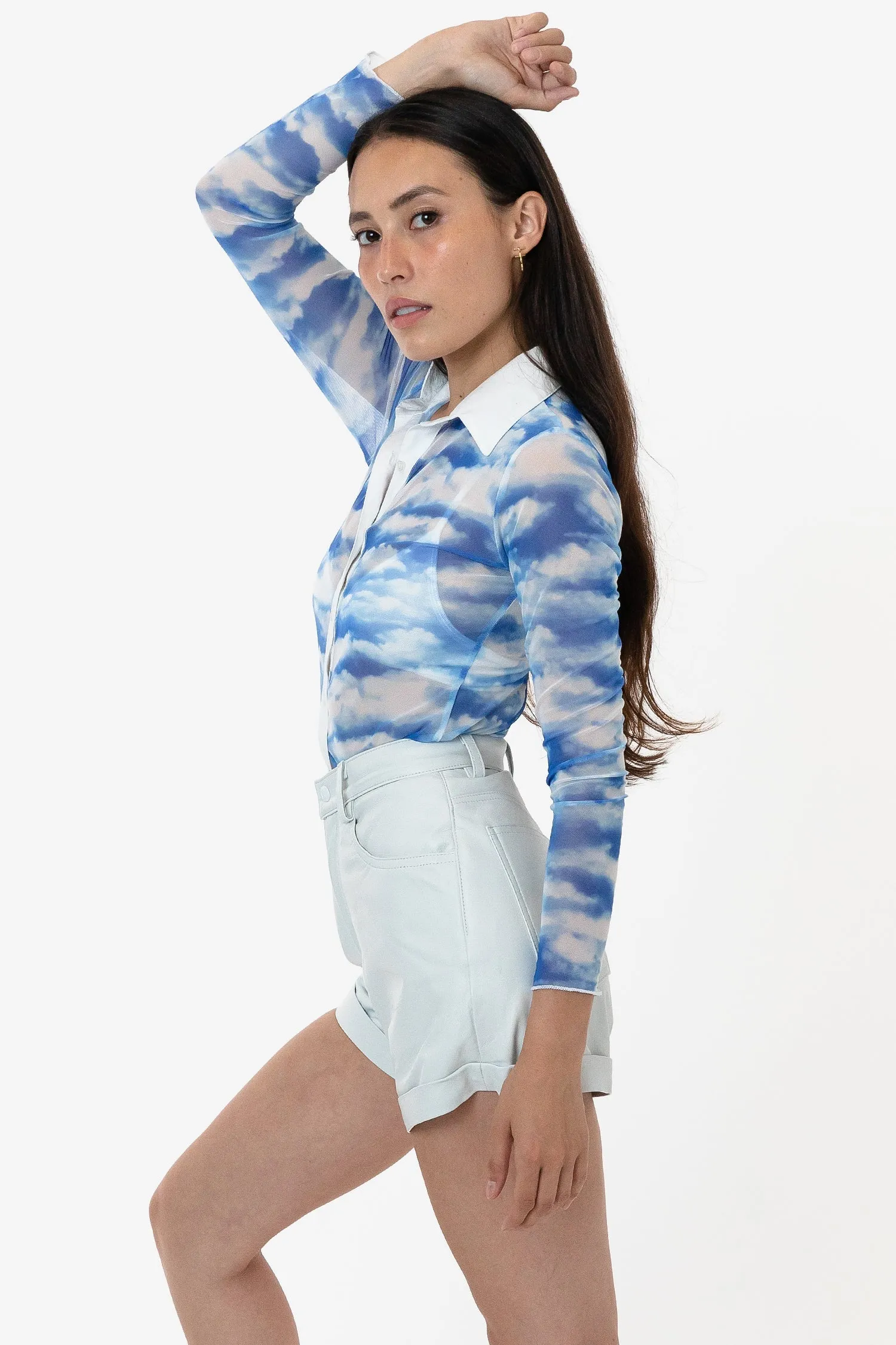 RNS745P - Printed Micro Mesh Long Sleeve Button Up