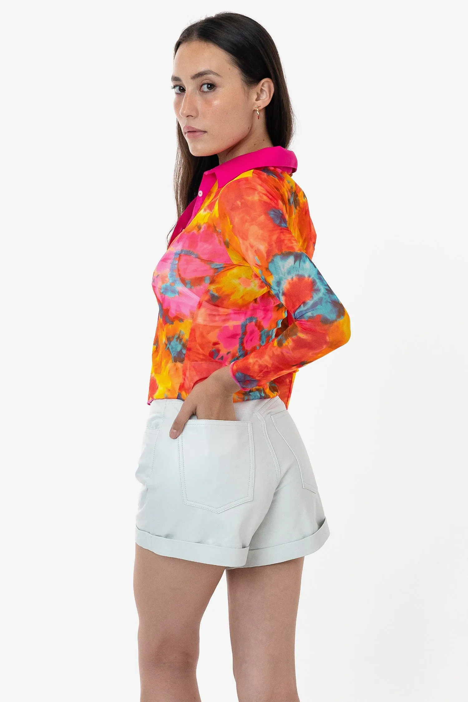 RNS745P - Printed Micro Mesh Long Sleeve Button Up