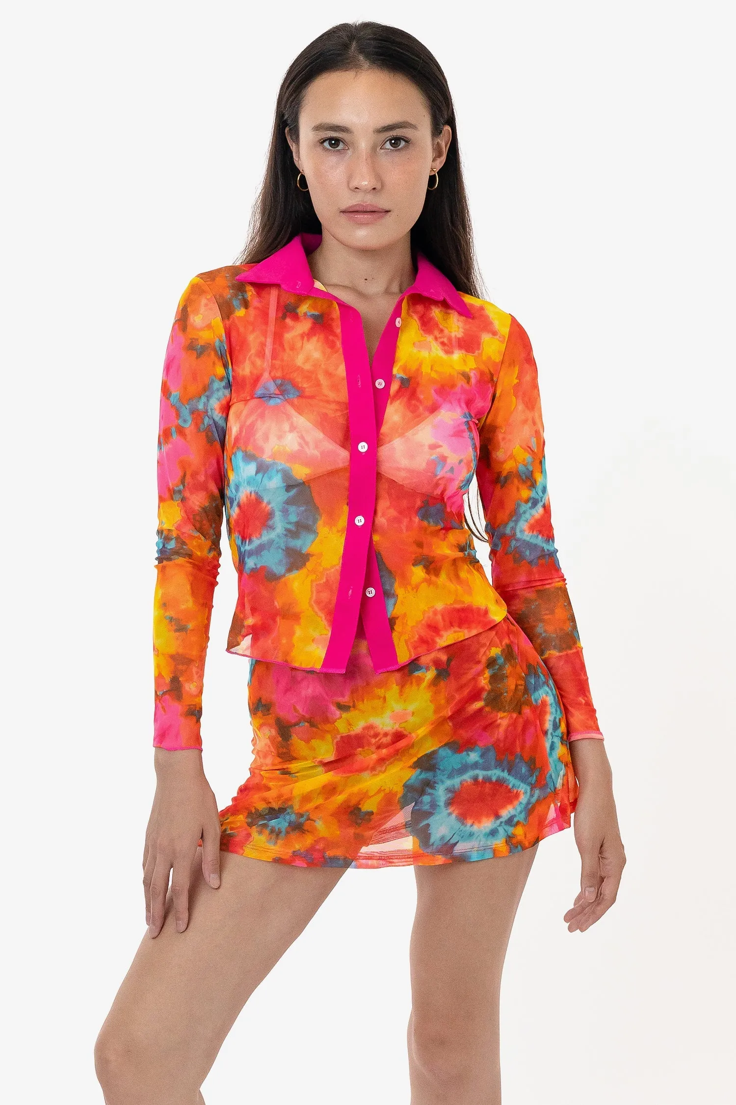 RNS745P - Printed Micro Mesh Long Sleeve Button Up