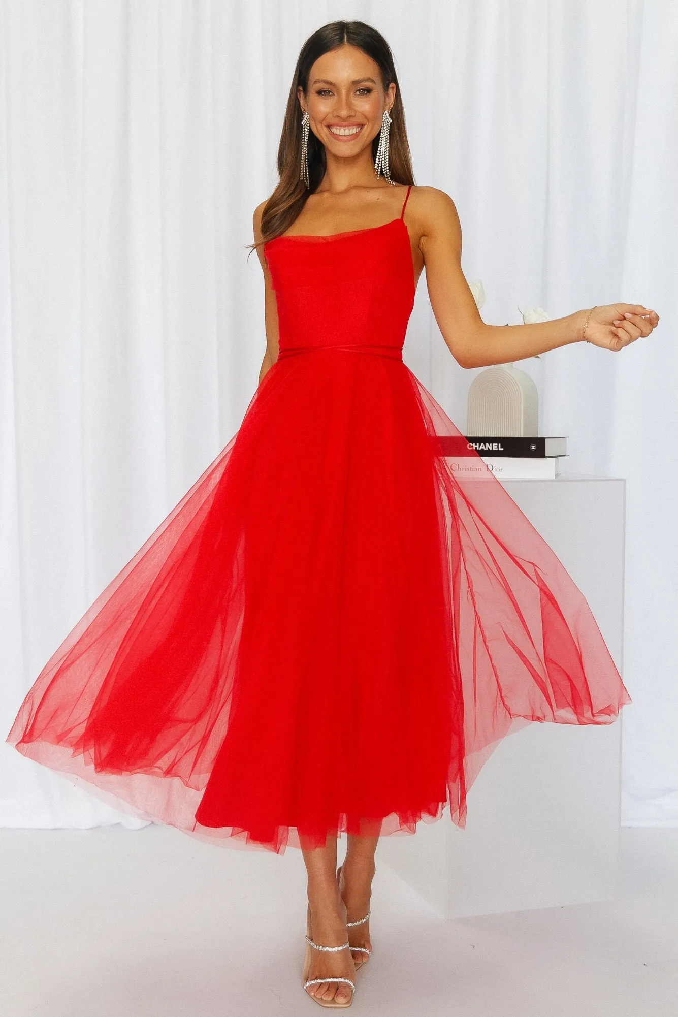 Signal My Way Tulle Midi Dress Red