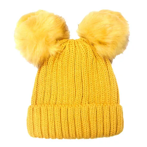 Soft Knit Double Faux Fur Pom Pom Beanie Hat