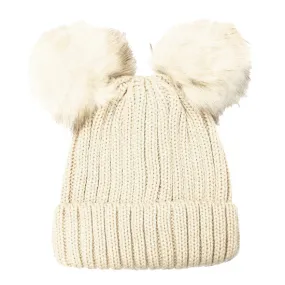 Soft Knit Double Faux Fur Pom Pom Beanie Hat