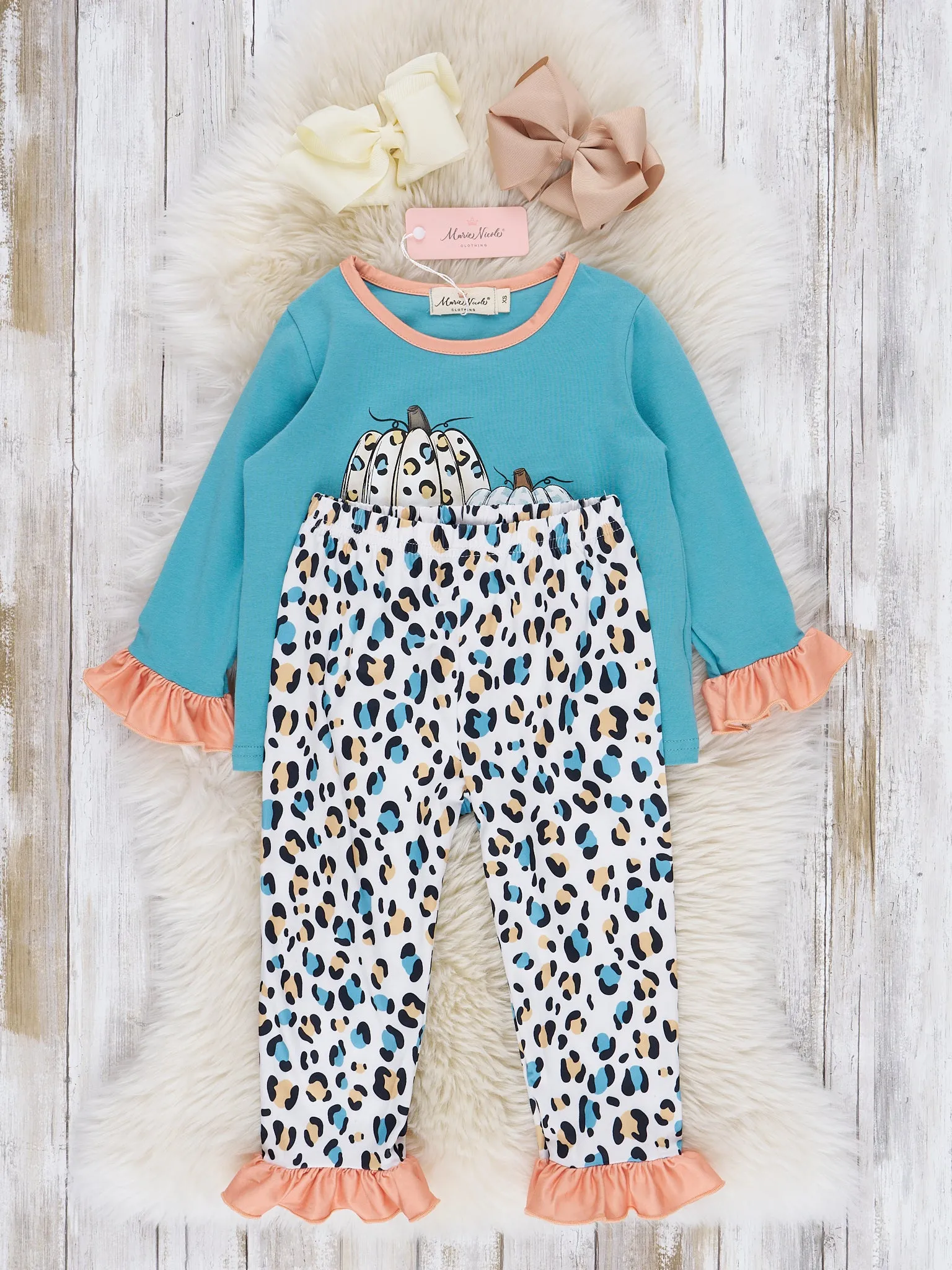 Teal & Coral Leopard Pumpkin Ruffle Pajamas