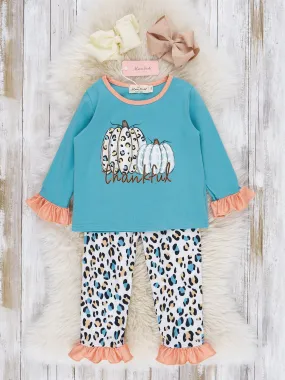 Teal & Coral Leopard Pumpkin Ruffle Pajamas