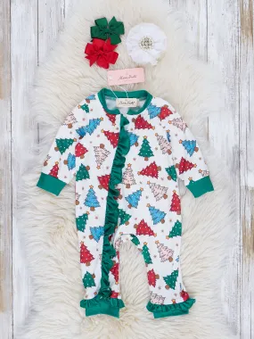 Whimsy Trees & Bright Green Ruffle Sleeper Pajamas