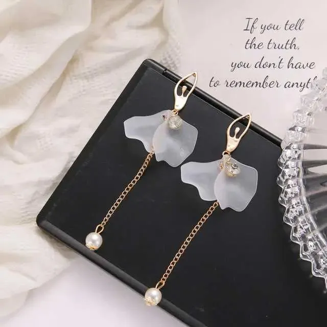 White Acrylic Petal Flower Pearl Drop Ballerina Earrings