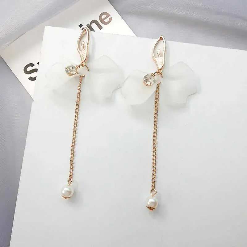 White Acrylic Petal Flower Pearl Drop Ballerina Earrings