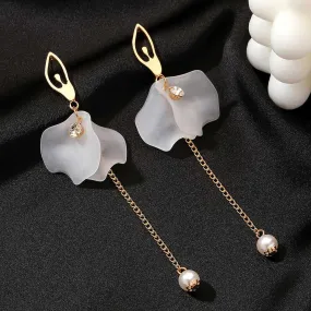 White Acrylic Petal Flower Pearl Drop Ballerina Earrings