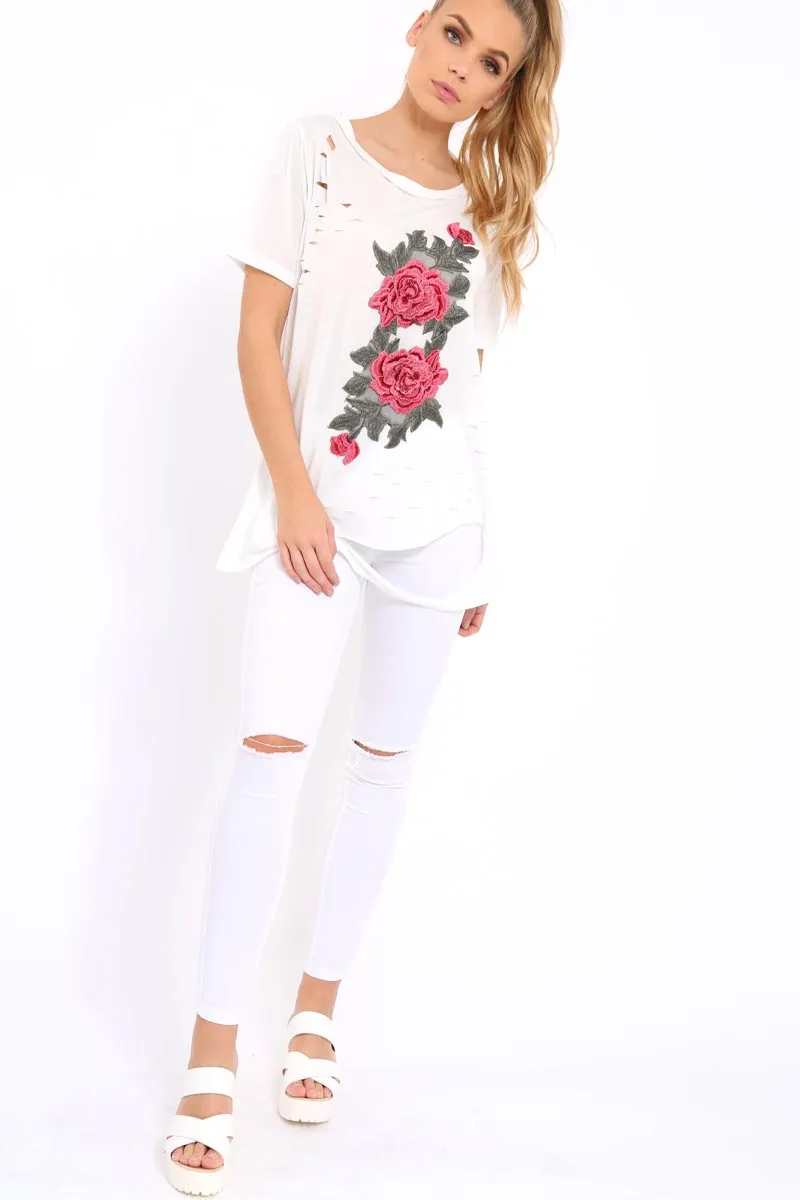 White Applique Slashed Over Sized T-Shirt - Louella