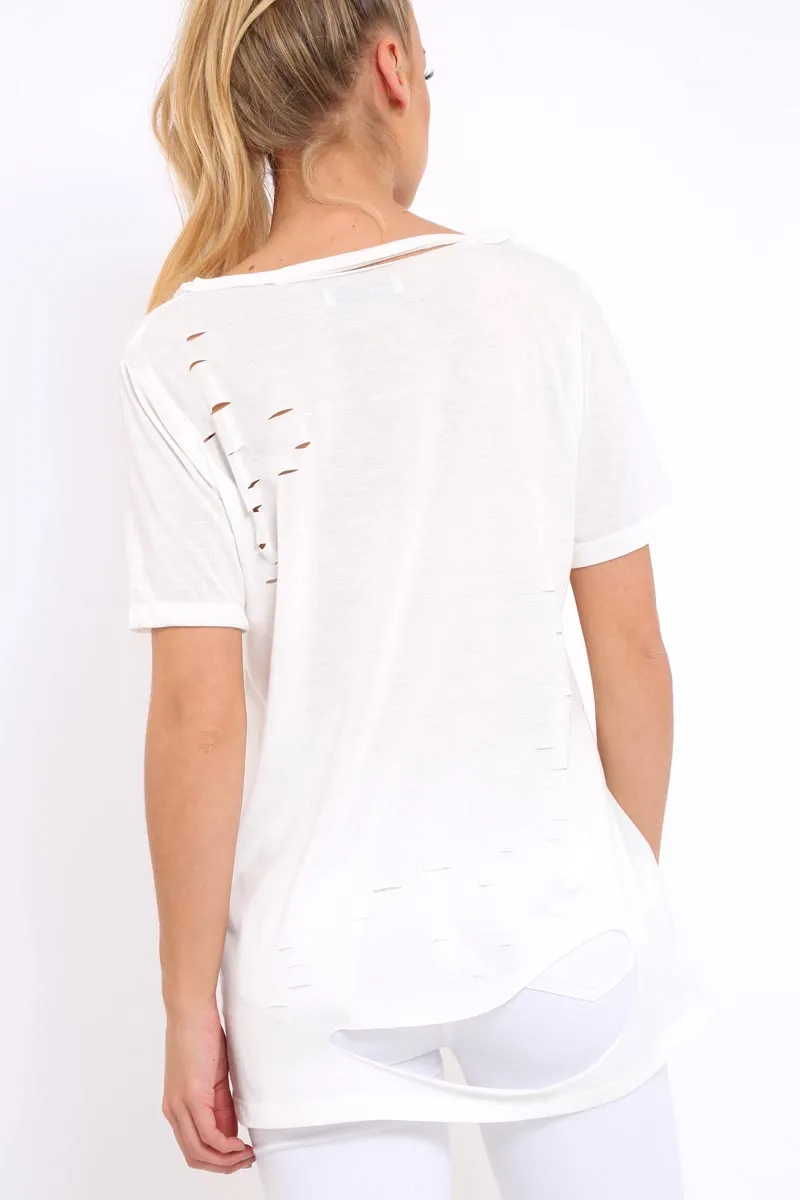 White Applique Slashed Over Sized T-Shirt - Louella