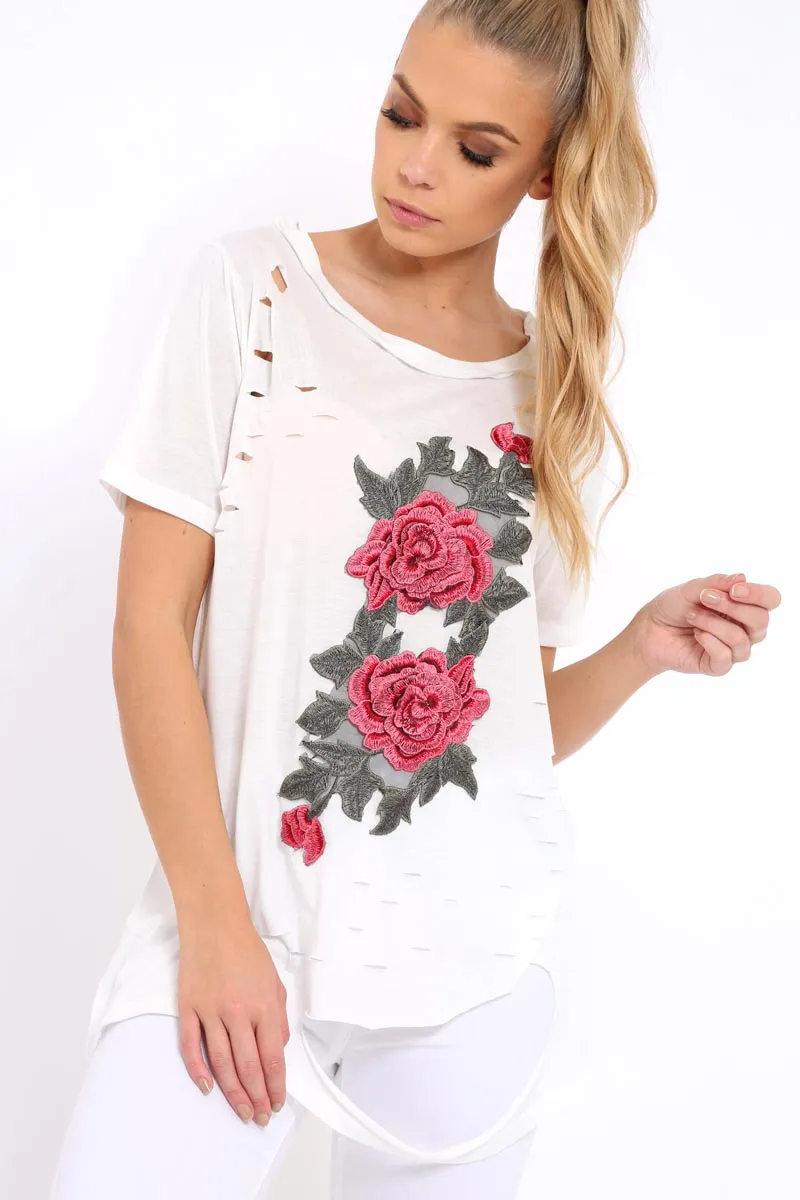 White Applique Slashed Over Sized T-Shirt - Louella